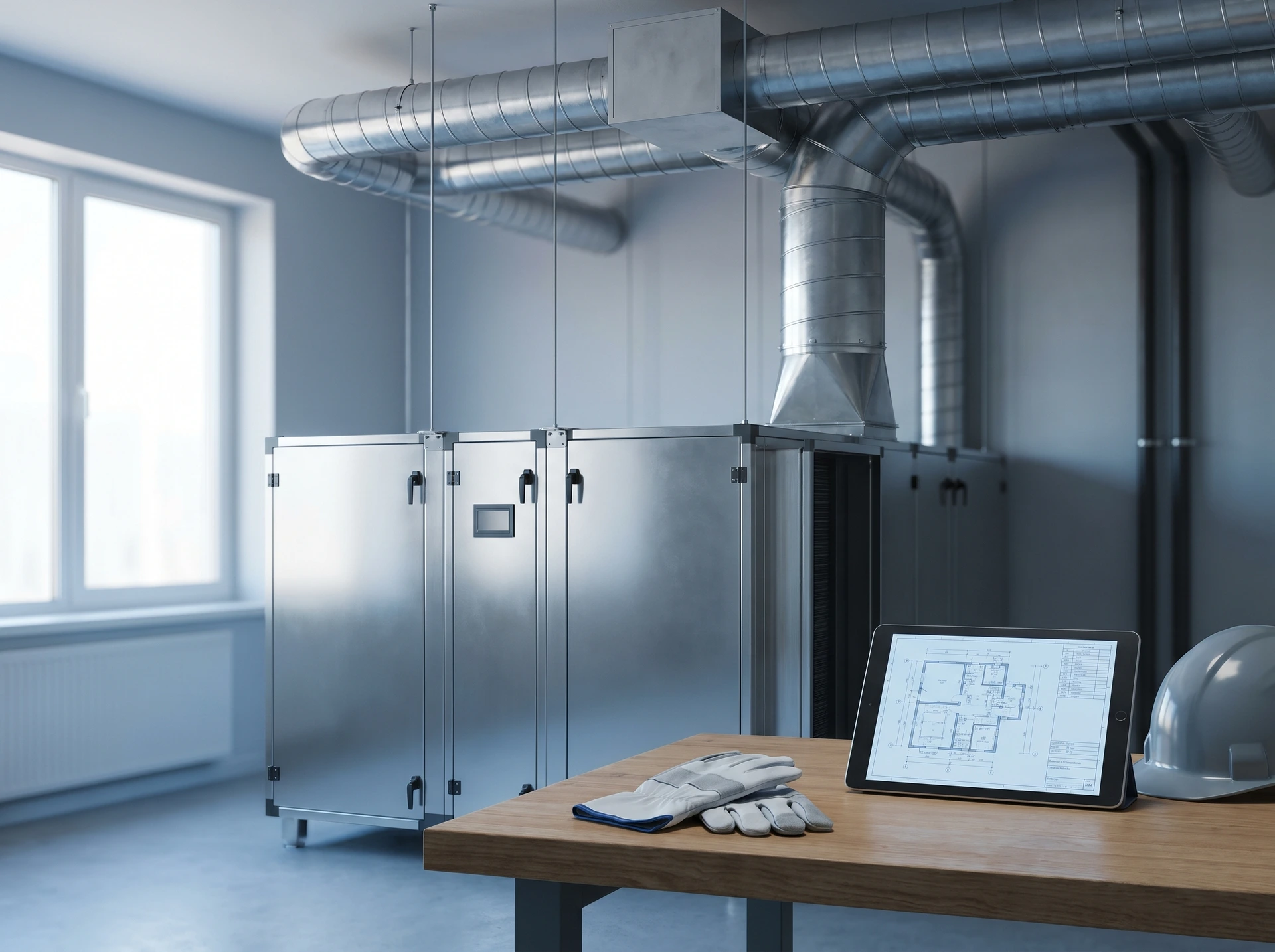 Ventilationsanläggning med rör, ritningar på surfplatta och skyddshjälm.